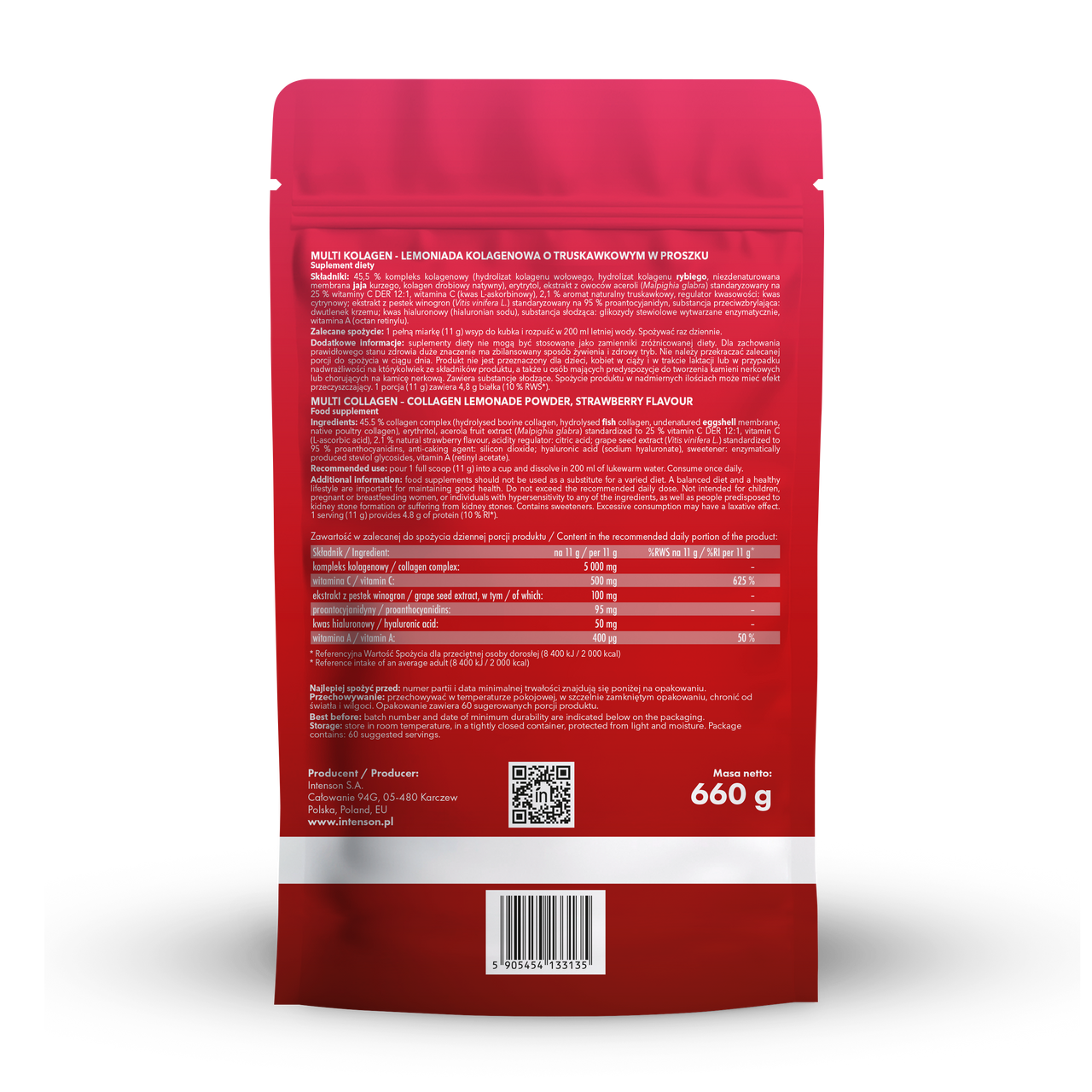 Intenson Multi Kolagen Lemoniada o smaku truskawka 660g Witamina C, Kwas Hialuronowy, OPC