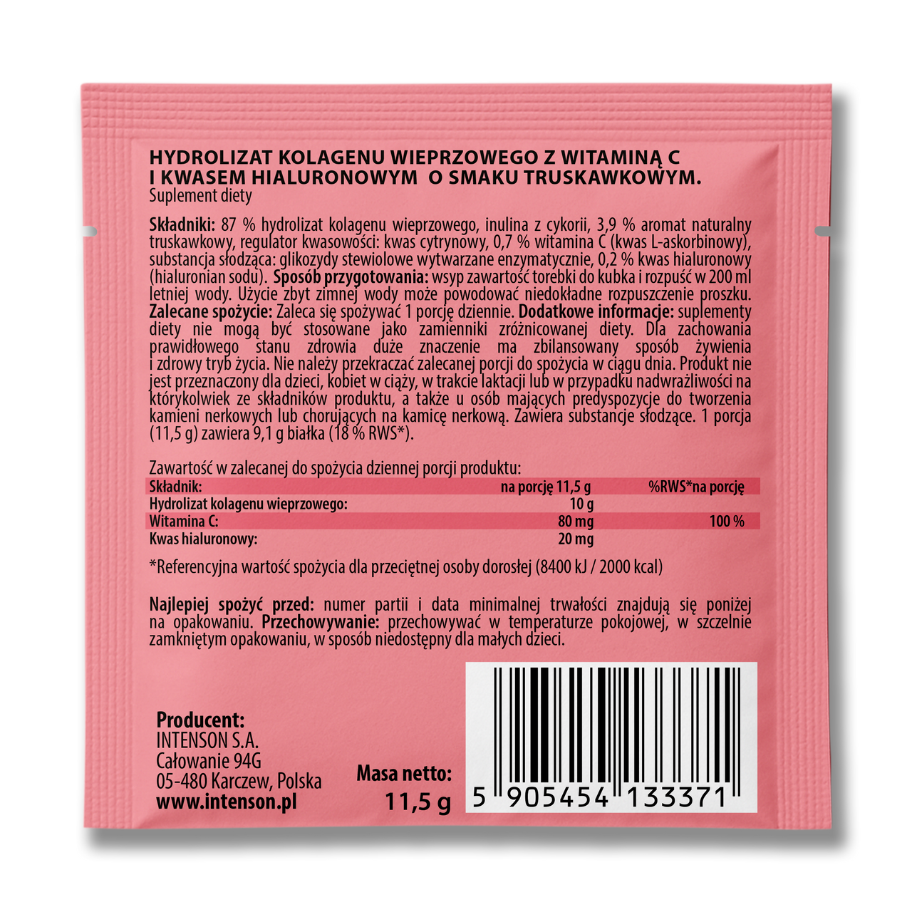 Intenson Kolagen saszetka + witamina C + kwas hialuronowy o smaku truskawka 11,5 g