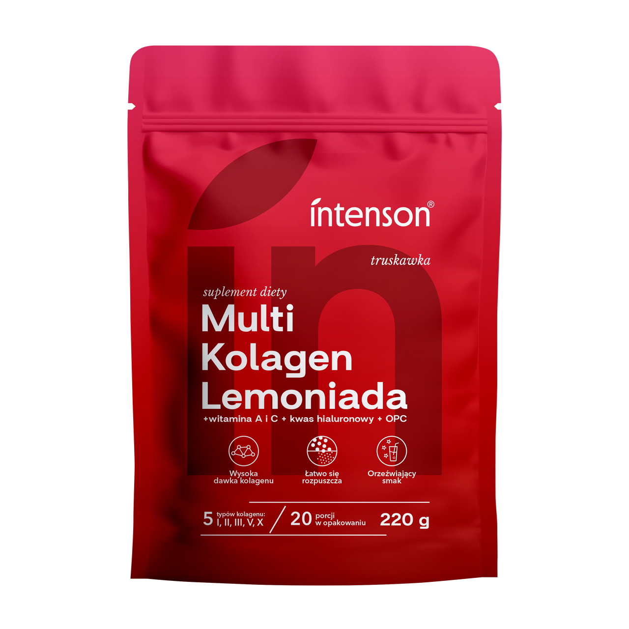 Intenson Multi Kolagen Lemoniada o smaku truskawka 220g Witamina C, Kwas Hialuronowy, OPC - Intenson.pl