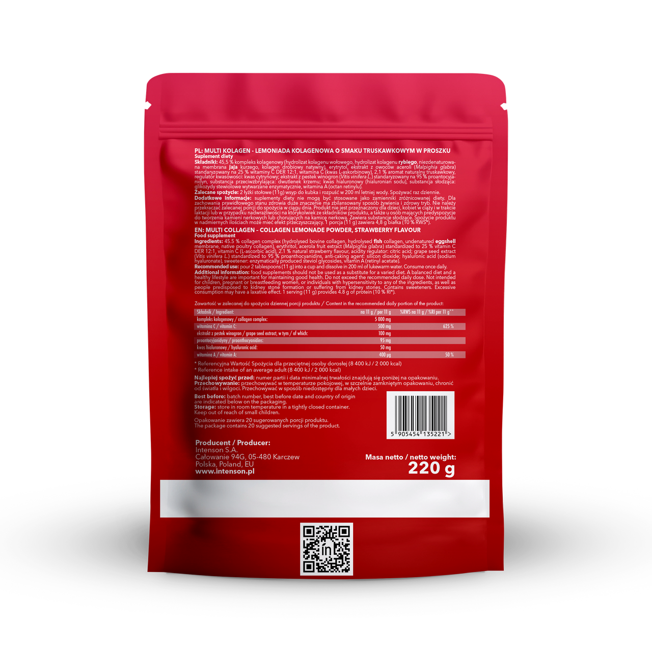 Intenson Multi Kolagen Lemoniada o smaku truskawka 220g Witamina C, Kwas Hialuronowy, OPC - Intenson.pl